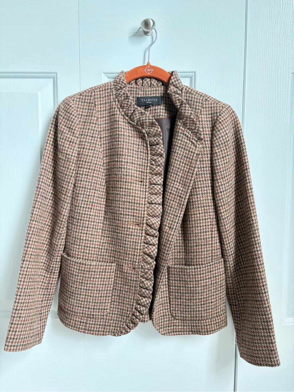 Talbots 0P Brown Houndstooth Ruffle-Trim Blazer